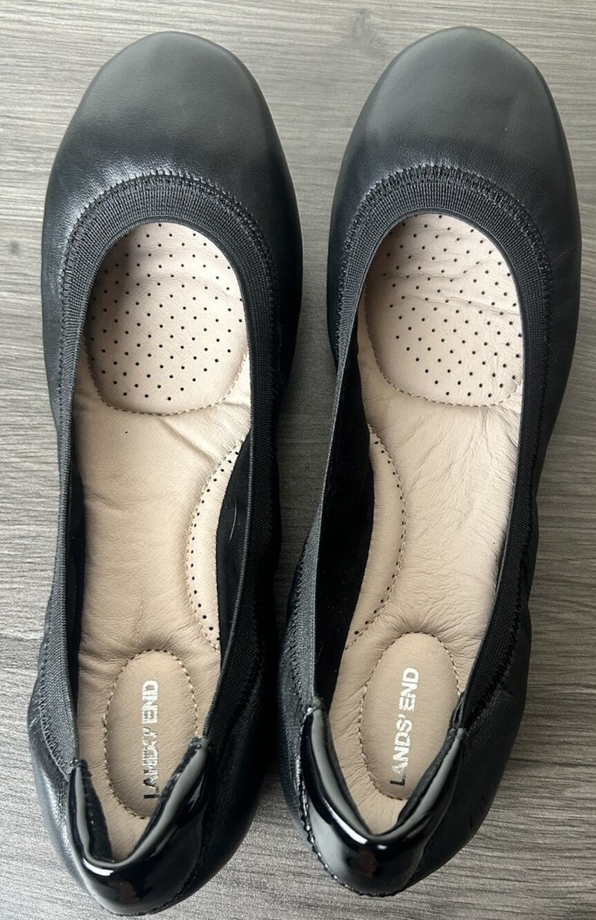 Lands’ End Ballet Flats 9.5 B Black Leather Snug Fit Narrow Read Comfort Stretch